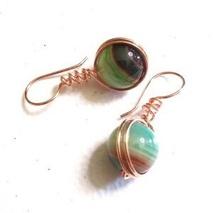 One-of-a-Kind!!! Green & Brown Banded Agate Spheres ~ Copper Wrapped Earrings